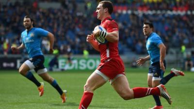 Wales' George North crosses the line in Rome