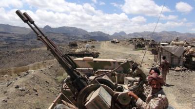 Southern Peoples Resistance militants loyal to Yemens President Abd-Rabbu Mansour Hadi man an anti-aircraft machine gun the militia seized from the army in al-Habilin of Yemens southern province of Lahej