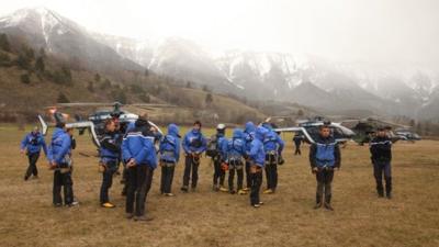 Police and mountain rescue teams near Germanwings crash site