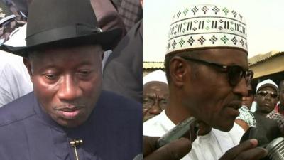 Nigerian presidential candidates Goodluck Jonathan (l) and Muhammadu Buhari (r)