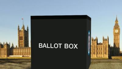 Ballot box graphic in front of the Palace of Westminister