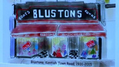 Painting of Blustons clothes shop facade