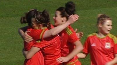 Helen Ward celebrates her goal for Wales against Slovakia