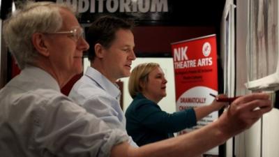 Liberal Democrat leader Nick Clegg with Prospective Parliamentary Candidate Lisa Smart (right) and standing down MP Andrew Stunell in Hazel Grove