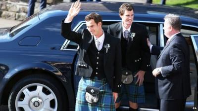 Andy Murray (left) and his brother Jamie Murray (second left) arrive for his wedding at Dunblane Cathedral