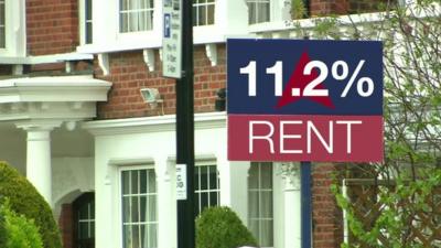 House with BBC graphic saying 11.2% increase in rent on house board