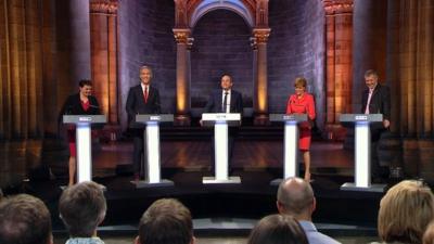 Nicola Sturgeon, Jim Murphy, BBC Scotland's Glenn Campbell, Nicola Sturgeon and Willie Rennie