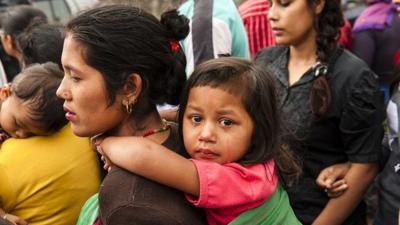 Nepal earth quake aftermath: Mother and child in Kathmandu