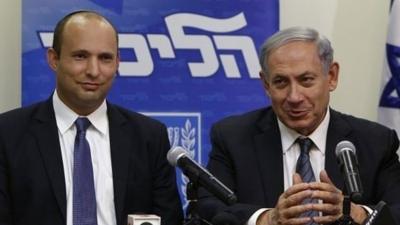 Benjamin Netanyahu, right, and Bayit Yehudi's Naftali Bennett