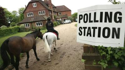 Horse rider and polling station sign