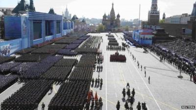 Russian soldiers march during the Victory Day parade at Red Square in Moscow, Russia, 9 May 2015