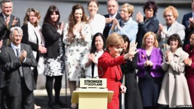 SNP leader Nicola Sturgeon and newly-elected MPs gather at the Forth Rail Bridge