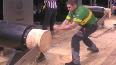 Brad Delosa at the world's lumberjack competition in Italy