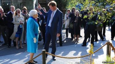 Queen Elizabeth II and Prince Harry attend the annual Chelsea Flower show at Royal Hospital Chelsea