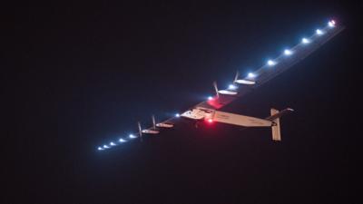 Solar plane taking off from Lukou International Airport in Nanjing in China