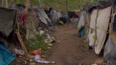 Row of makeshift shelters