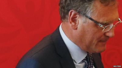 Fifa Secretary General Jerome Valcke leaving a news conference in Russia on 10 June 2015