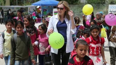 Actress Laura Carmichael meeting refugee children in Lebanon