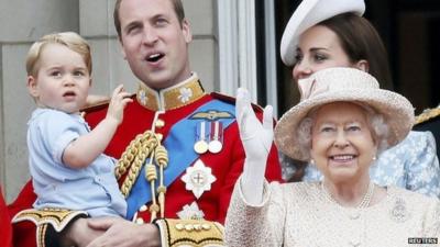 Prince George and Prince William, the Duchess of Cambridge, and the Queen