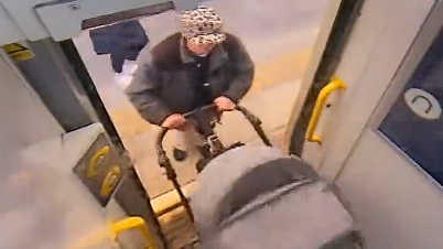 A person wearing a leopard print hat pushes a pushchair onto a train