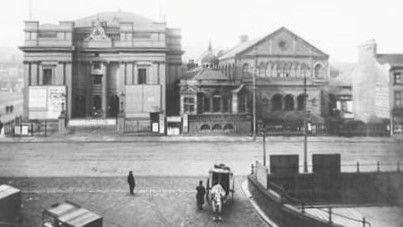 A black and white grainy image of Nottingham Mechanics Institute. The building, which has since been demolished, sat in Milton Street in the city centre.