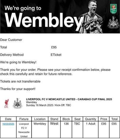 Email which was was sent to fans which has the club Wembley logo as it's masthead as well as other ticketing information. 