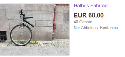 Half of a bicycle on sale on ebay in Germany