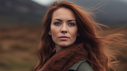 An AI-generated image of the imagined woman behind the synthetic voice used on ScotRail trains. The woman has long red hair and wears a brown scarf and a green coat. She is stood against a blurred background that looks like the Scottish outdoors with the shadow of mountains and moorland.