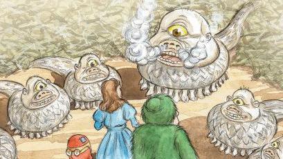 The illustrated cover of Rebecca’s World – Journey to the Forbidden Planet showing a child with red hair wearing a blue dress facing one-eyed blobby multi-legged aliens
