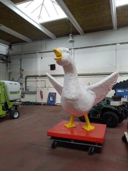 The Goose Fair mascot in storage