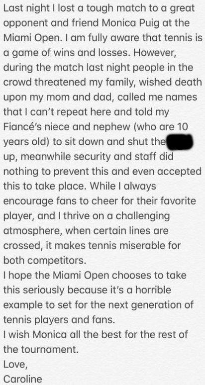 Caroline Wozniacki statement