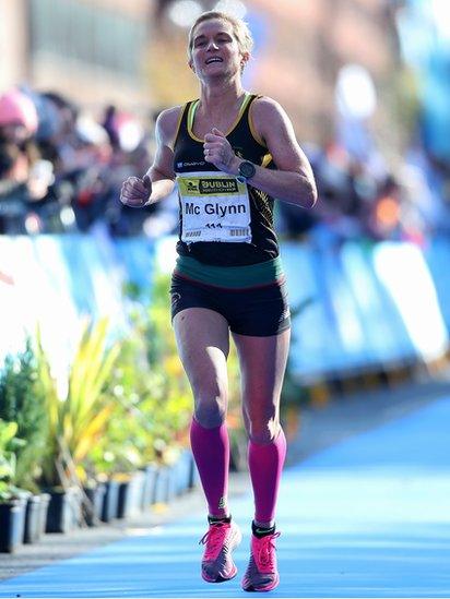 Ann-Marie McGlynn is about to cross the finishing line at last year's Dublin Marathon