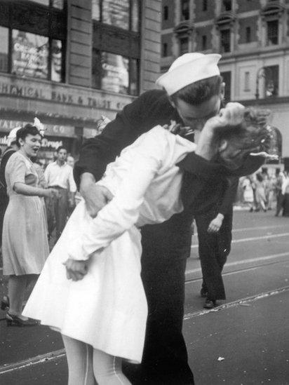 Famous photo of VJ Day celebrations in Times Square on 14 August 1945