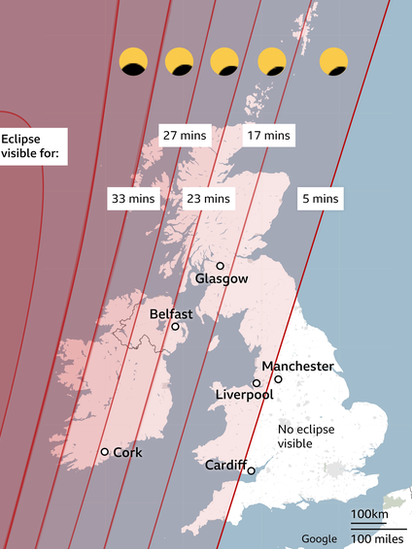 Map of the UK showing visibility of the eclipse in different cities