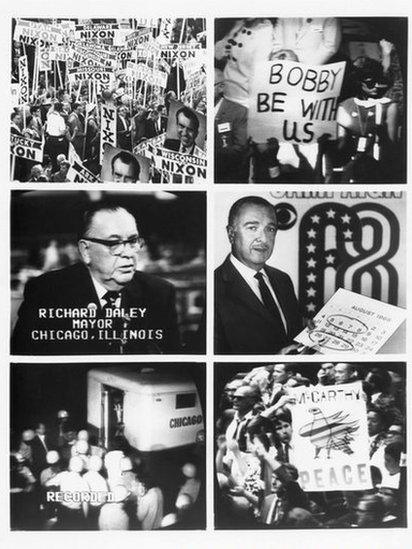 Composite of images showing the turbulent political scene in 1968 at the Democrat and Republican national conventions.