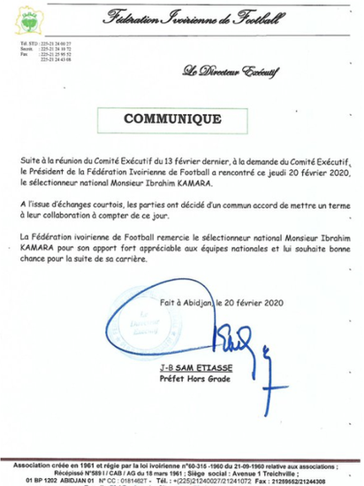 Ivory Coast press release announcing the end of Ibrahim Kamara's time in charge