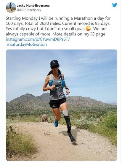 Jacky's tweet before she set off on her marathons