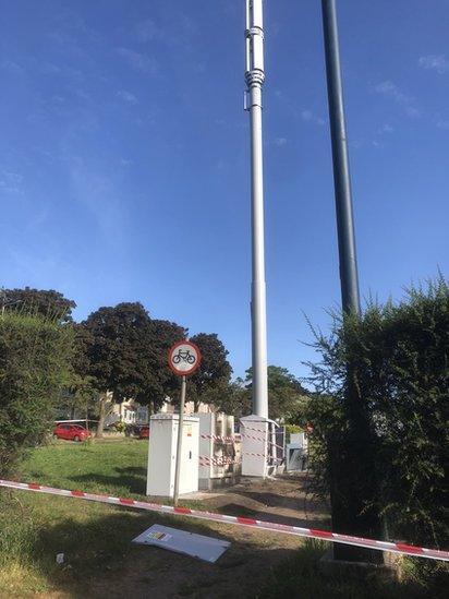 Damaged 5G mast on Brodie Avenue, Mossley Hill, Liverpool