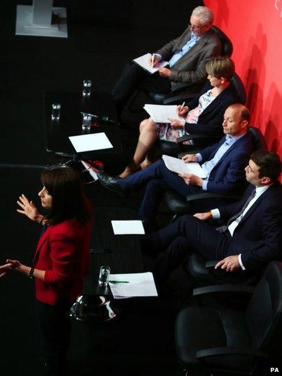 Liz Kendall speaking at a leadership hustings