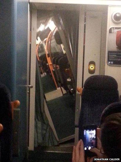 Photo by passenger showing train carriage tilting