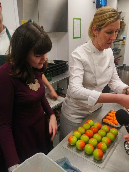 Clare Smyth showing Jayne the kitchen