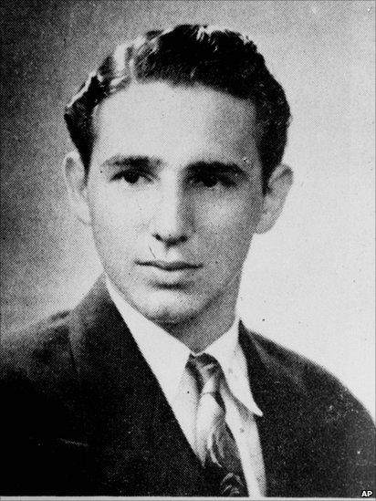 The caption describing Fidel Castro in his 1945 high school yearbook reads: "Distinguished student and a fine athlete. Very popular. Will study law and we have no doubt he will have a brilliant future."