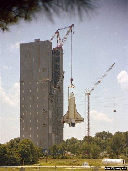 Shuttle orbiter Enterprise is removed from Marshall Space Flight Center's dynamic test stand, 1978