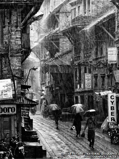Rain pouring in a street in Nepal