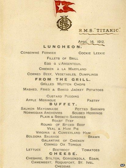 Titanic lunch menu