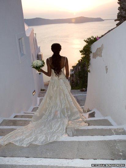 Bride in her wedding dress in Santorini