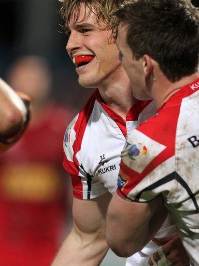 Andrew Trimble is congratulated by Ulster team-mate Craig Gilroy after scoring in the 47-17 victory over Scarlets at Ravenhill