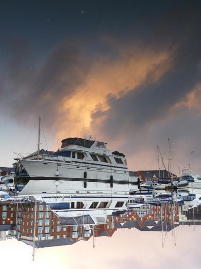 Upside down image of boat in Swansea Marina