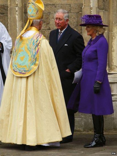 The Prince of Wales and the Duchess of Cornwall speak with the Archbishop of Canterbury, the Most Reverend Justin Welby following his enthronement at Canterbury Cathedral.