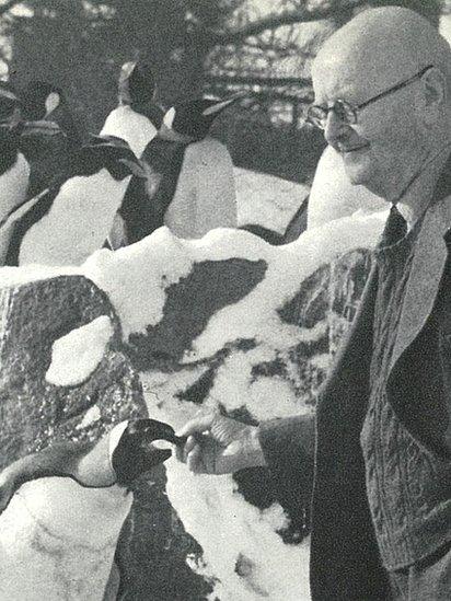 T H Gillespie with the penguins as the zoo